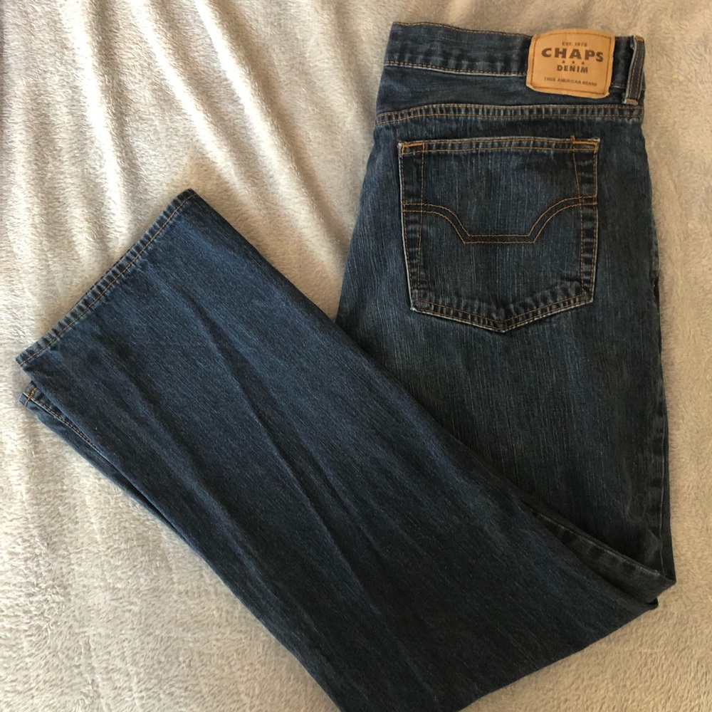 Straight leg denim jeans.